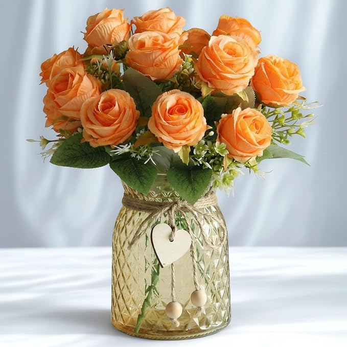 Faux Flowers in Vase, 18 Pcs Fake Rose Flowers with Glass Vase, Artificial Flower Arrangement Home Decor Indoor Centerpiece for Living Room & Dining Table, Orange, 12 Inches
