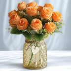 Faux Flowers in Vase, 18 Pcs Fake Rose Flowers with Glass Vase, Artificial Flower Arrangement Home Decor Indoor Centerpiece for Living Room & Dining Table, Orange, 12 Inches