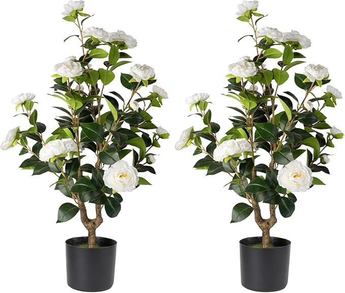 Artificial Camellia Tree 2 Pack - Realistic Camellia Plants in Pot with White Flowers, Lifelike Faux Greenery for Living Room, Patio, or Wedding, White