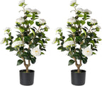 Artificial Camellia Tree 2 Pack - Realistic Camellia Plants in Pot with White Flowers, Lifelike Faux Greenery for Living Room, Patio, or Wedding, White
