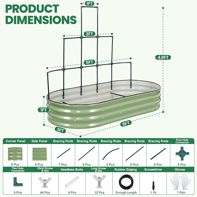 Galvanized Raised Garden Bed with Wall Trellis | 6x3x1FT Metal Raised Garden Beds Outdoor for Gardening Climbing Plants | Planter Box Outdoor with Gloves for Vegetable Flower, OliveGreen