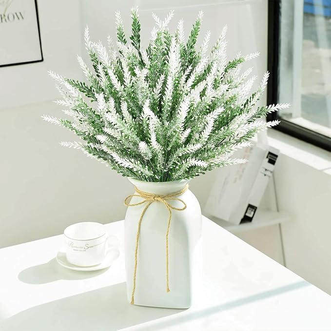 PASYOU Artificial Lavender Flowers, Plastic Plants Fake Simulation Flower Wedding Indoor Outdoor Bridal Bouquet Home Garden Balcony Patio Planter Filler DIY Arrangement Decoration - White 6 Pcs
