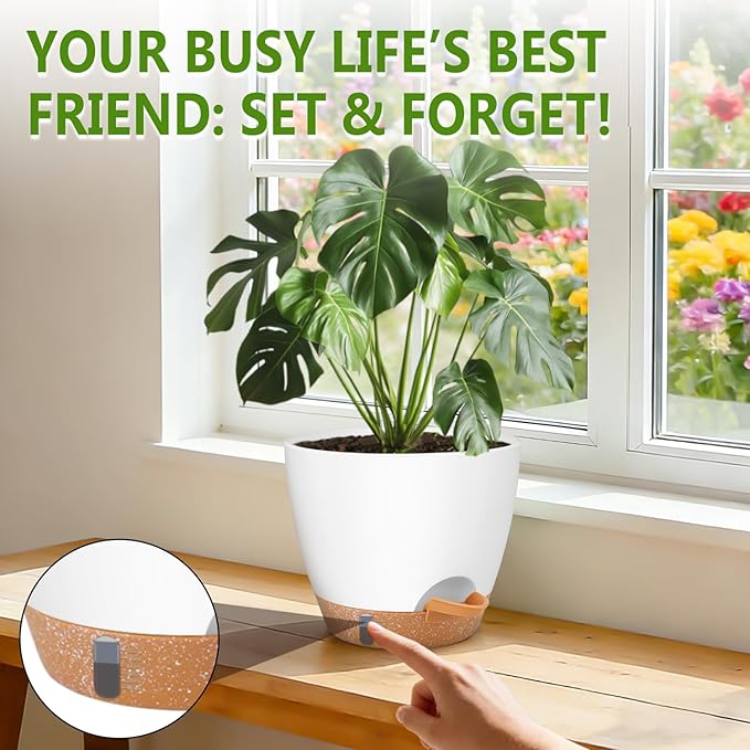QRRICA Plant Pots 10/9/8/7.5/7 Inch Self Watering Pots, with Drainage Holes and Saucers,Water Level Indicator & Deep Reservoir,Large Plastic Planter for Indoor Out Door Plants (White)