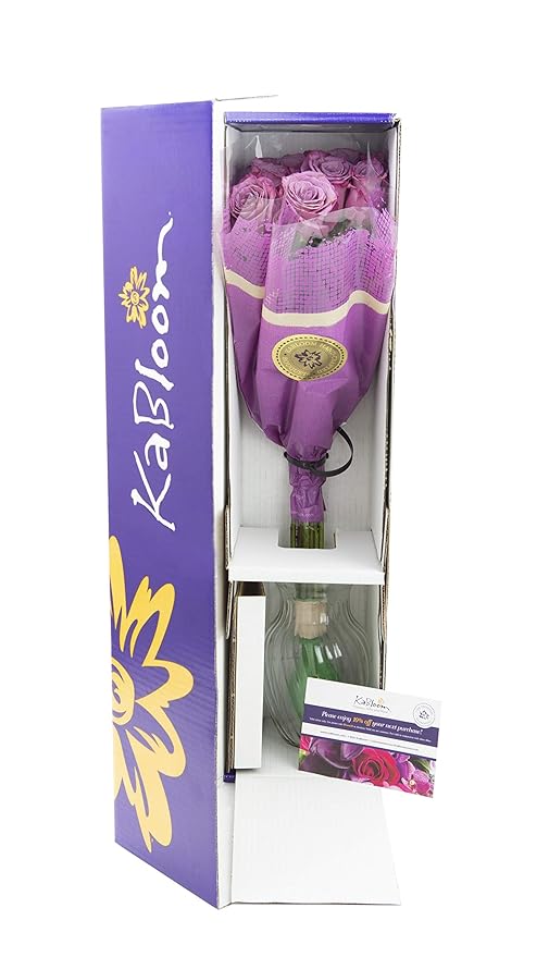 KaBloom - Bouquet of 18 Fresh Purple Roses (Farm-Fresh, Long-Stem) with Vase - Fresh Flowers for Birthday, Valentine's & Mother's Day