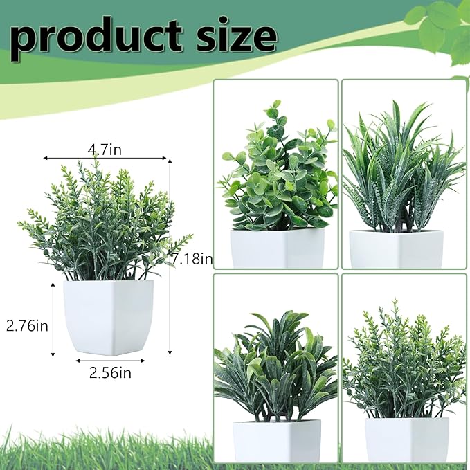 GREENTIME 4 Pack Fake Plants in White Pot Small Artificial Eucalyptus Potted Plant Wheat Grass Mini Faux Greenery for Home Decor Indoor Office Table Room Farmhouse Bathroom Decorations