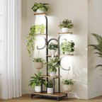 HOOBRO Plant Stand Indoor with Grow Lights, 63" Corner Plant Stand for Indoor Plants, 7 Tiered Metal Corner Shelf with 2 Hanging Basket Spots, for Home, Living Room, Rustic Brown and Black BF12DHJ01