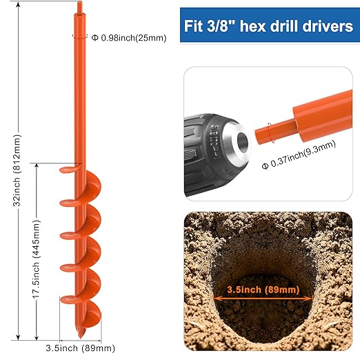 3.5 X 32 Inch Garden Auger Drill Bit for Planting Bulb Earth Post Hole Digger Tool Drill Augers for Digging Holes for Beach Umbrella, Fence Post, Planting Plants