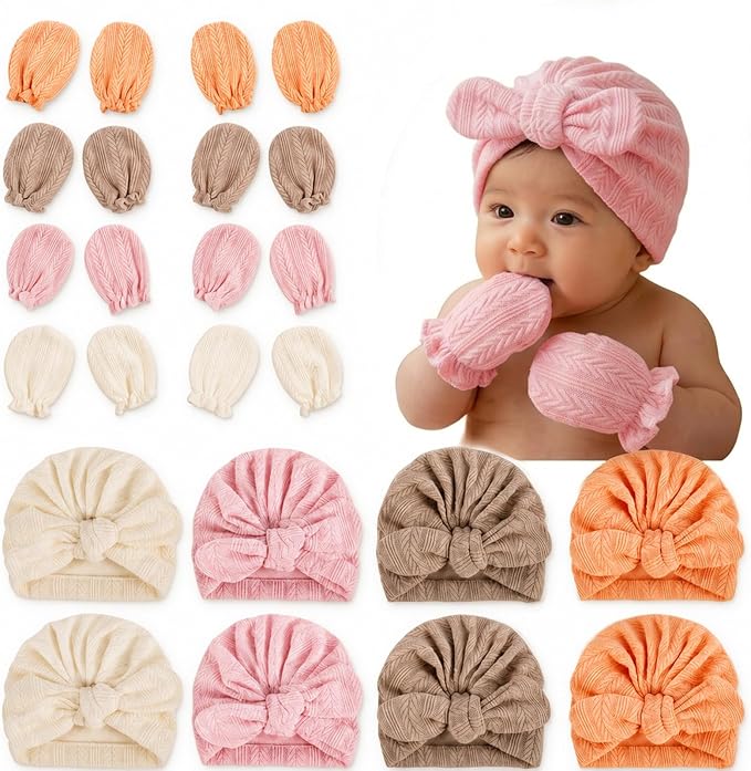 8 Sets Cotton Newborn Hats and Mittens,Ribbed Preemie Baby Girl Turban Beanie Cap with Top Bow Knot, No Scratch Gloves for 0-3 Months Hospital Bag Essentials.Wheat Patterned White/Pink/Apricot