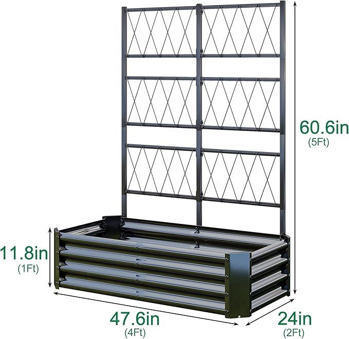 Galvanized Raised Garden Bed with Trellis for Climbing Plants Outdoor,Metal Vertical Garden Planter Box for Patio,Heavy Duty Elevated Garden Bed for Vegetables Tomatoes Cucumbers Flowers Herbs,Black