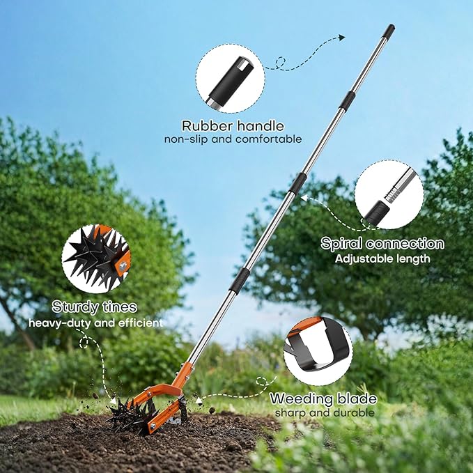 Rotary Cultivator Garden Tool, 2-in-1 Weeder & Soil Aerator with Detachable Weed Knife,73" Adjustable Stainless Handle, Dual-Function Rotary Tiller for Lawn Care, Reseed Grass, Soil Mixing