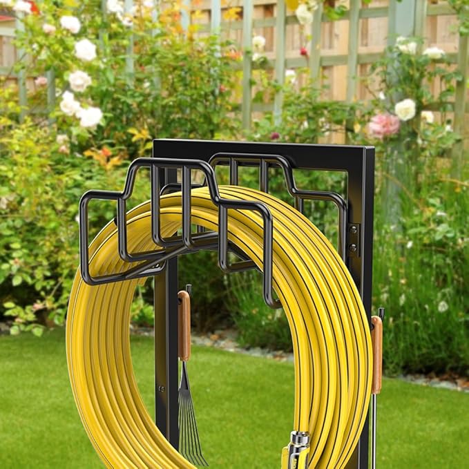 Skycarper Garden Hose Reel Holder Detachable Metal Water Hose Hanger Organizer Heavy Duty Free Standing Hose Stand (Deep Black)
