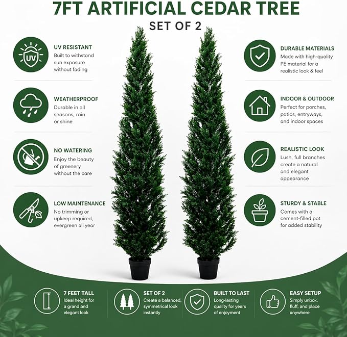 7 Feet Outdoor Artificial Topiary Cedar Tree, Set of 2 UV Resistant Potted Faux Cedar Trees for Outdoors and Indoors, Decorative Fake Shrubs Topiary Trees for Home Living Room Front Door Decor