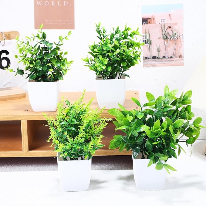 Totority Faux Potted Plants Set of 4 Realistic Artificial Greenery Table Centerpieces for Home Office Decor Indoor Low Maintenance Plant Decorations 7.48X5.90X1.96 Inch