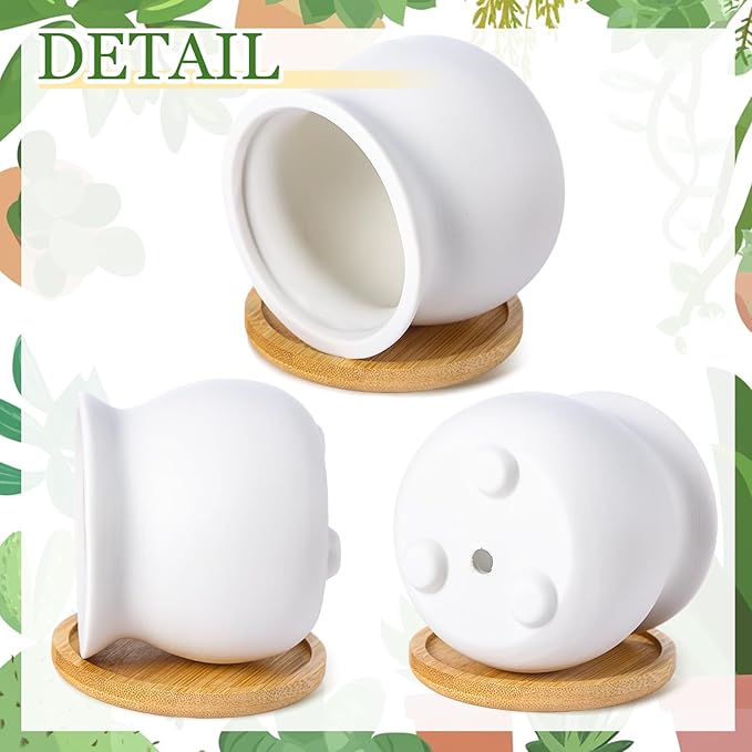 Remerry 18 Pcs 3.5 Inch Mini Succulent Pots with Bamboo Tray White Ceramic Pots Color Your Own DIY Small Planters Containers for Flower Cactus with Drainage Hole for Plant Lover