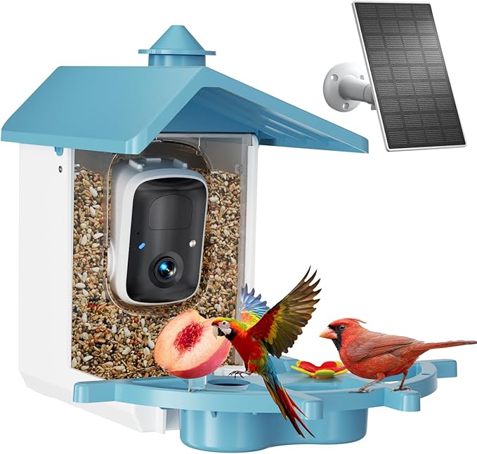 Bird Feeder with Camera for Outdoor, INKCKU 2K Solar Powered Bird Watching Camera, AI Identify Birds Species, Auto Capture Videos, Instant Arrival Alerts, Garden Decor, Gift for Mom Dad, Blue