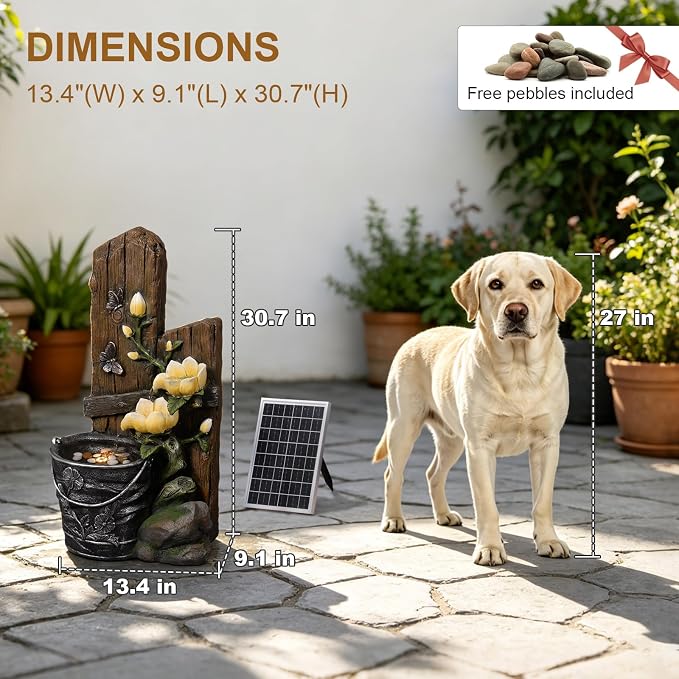 30.7" H Solar Water Fountain Outdoor Garden, Rustic Tiered Magnolia Flower & Bucket Waterfall with 4000mAh Battery Backup, Warm LED Lights & 5W Solar Panel for Patio, Porch, Backyard and Home Decor