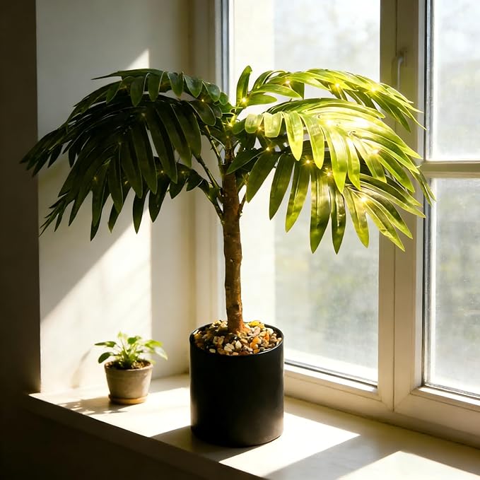 20'' Lighted Palm Tree Faux Plant with LED Lights - USB & Battery Box Powered - Artificial Palm Tree for Living Room, Home Decor, Indoor Decoration (Palm Leaf)