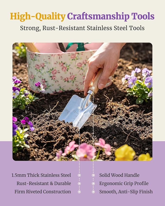 9-Piece Garden Tool Set, Heavy Duty Stainless Steel Rust-Proof Ｇardening Ｋit with Ergonomic Wood Handles, Durable Metal Organizer Basket with 4 Compartments, Ideal Gardening Gift for Women, Mother