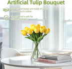 10 Pcs Artificial Tulips Flowers with Vase, Real Touch Faux Tulip Stems for Vase, Home Kitchen Wedding Dining Table Decorations, Ideal Gift for Mother's Day, Easter, Valentine's Day (Yellow)