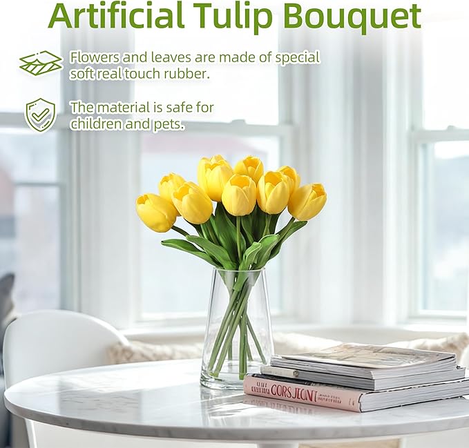 10 Pcs Artificial Tulips Flowers with Vase, Real Touch Faux Tulip Stems for Vase, Home Kitchen Wedding Dining Table Decorations, Ideal Gift for Mother's Day, Easter, Valentine's Day (Yellow)