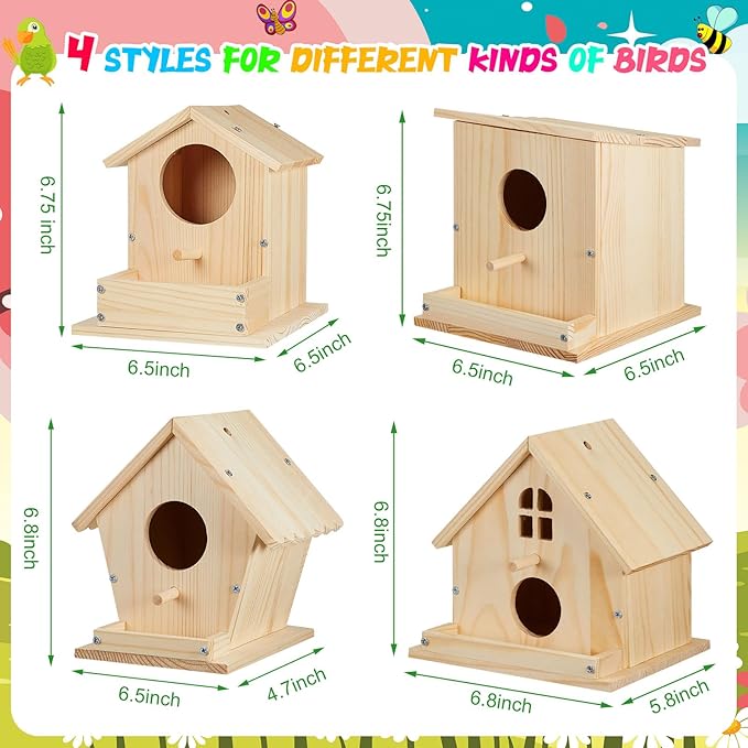 Liliful 24 Pack Birdhouse Crafts for Kids, Wooden Creative DIY Bird House Kits Arts and Crafts Set for Kids and Adults, Spring Birthday Gifts for Toddlers Ages (Seasonal Style)