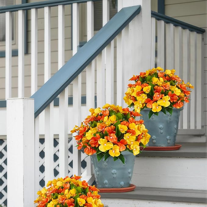 CITYES 4 Pcs Artificial Flowers Outdoor Impatiens UV Resistant Fake Silk Fall Flowers Orange Yellow Faux Flowers Impatiens Bushes for Outdoor Planter Pot Hanging Basket Porch Autumn Fall Decor