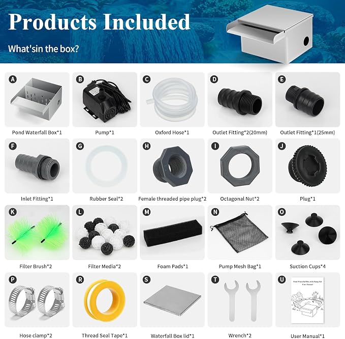 Pond Waterfall Spillway Kit with Filter Media & 800 GPH Pump, 304 Stainless Steel Waterfall Box, 9.8FT Hose, Complete Pond Kit for Outdoor Ponds, Koi Ponds, Fountain (8"L x 9.8"W x 5.1"H)