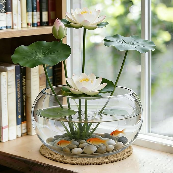 10" Large Glass Lotus Bowl Planter with Braided Tray Round Clear Glass Water Lily Flower Pot Indoor Hydroponic Aquatic Plant Bonsai Vase Can As a Fish Tank