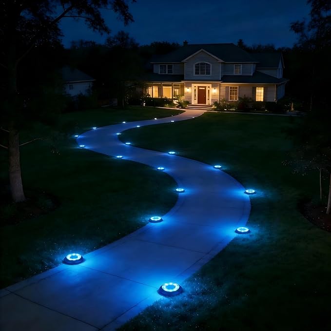 Flacchi Solar Lights Outdoor Waterproof - 2-in-1 Solar Powered Ground Lights Outdoor Solar Disk Light Landscape Light for Deck Step Patio Yard Pathway Walkway Driveway Garden (Blue, 8 Pack)