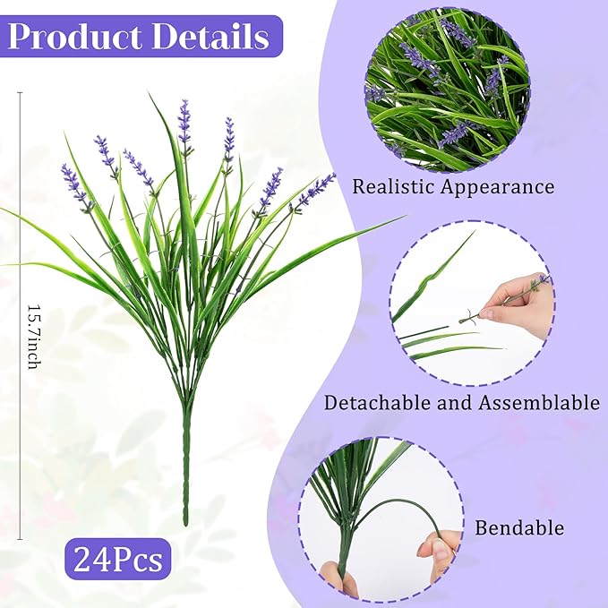 24 Bundles Artificial Plants Flowers Outdoor, Faux Lavender Flowers Fake Monkey Grass UV Resistant Plastic Plant for Porch Garden Patio Window Home Decor, Purple