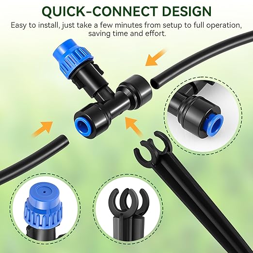 Meonum 65FT Greenhouse Watering System, Quick Connector Hanging Plant Watering System Automatic Mist Irrigation Kit with 1/4'' Blank Tubing, Two way Faucet Connector, Adjustable Misting Nozzle(2 Pack)