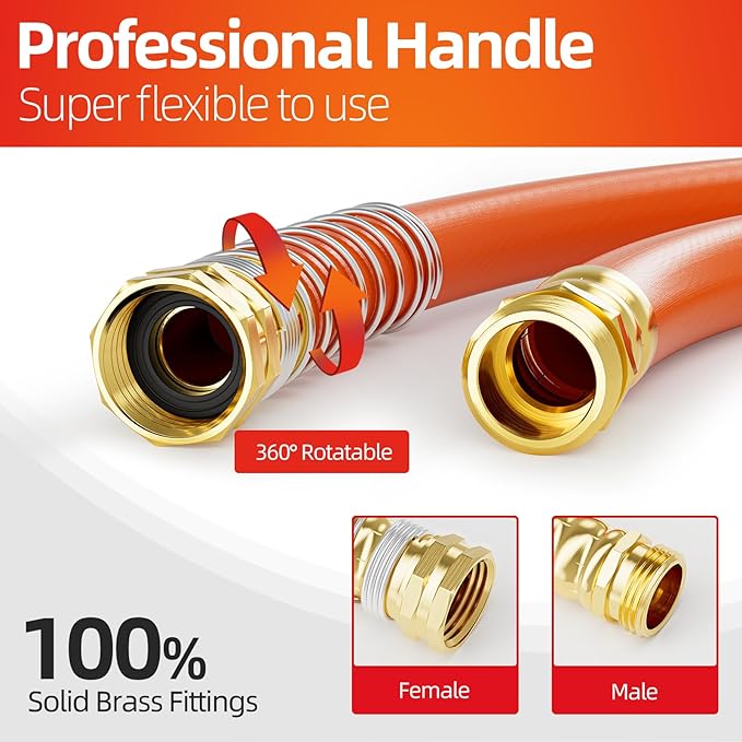 SPECILITE Garden Water Hose 25 ft x 3/4 in Heavy Duty, Flexible and Lightweight, Burst 600 psi, Kink-less Hybrid Rubber Pipe for Backyard, 3/4'' Brass Fittings, Orange