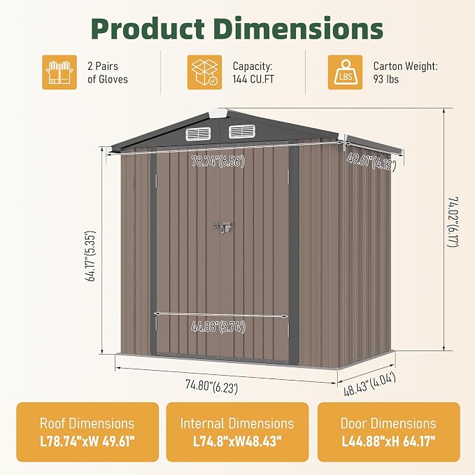 Aoxun 6' x 4' Outdoor Shed with 2 Pack Motion Sensor Light Garden Metal Storage Shed with 4 Vents, Lockable Doors for Patio, Lawn & Garden, Brown