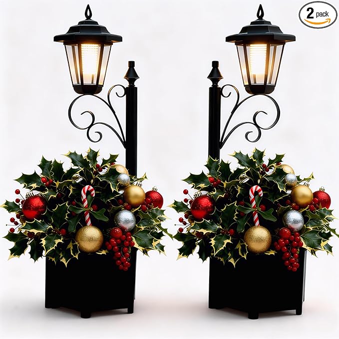 2 Pack Solar Floor Lamps with Planter (2-in-1 Design), 29.5" Outdoor LED Garden Lights - IP44 Waterproof, Warm White Auto-On at Dusk, Easy Install for Lawn, Patio, Porch, Yard & Pathway Decor
