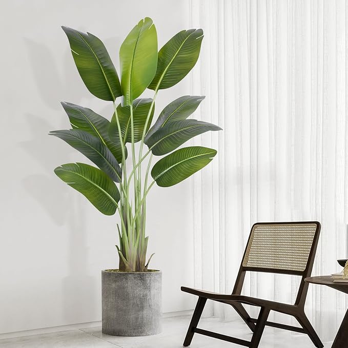 Artificial Bird of Paradise Plant 5Ft Tall Fake Tropical Palm Tree Large Fake Plants with 10 Silk Banana Leaves Faux Plant Indoor Decor Trees with White Pot for Home Bedroom Living Room Office（2pcs）