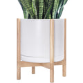 D'vine Dev Ceramic Planter with Natural Stand - 14 Inch Modern Round Flower Pot with Wood Planter Holder, White, 55-B-R-1