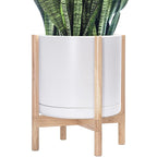 D'vine Dev Ceramic Planter with Natural Stand - 14 Inch Modern Round Flower Pot with Wood Planter Holder, White, 55-B-R-1