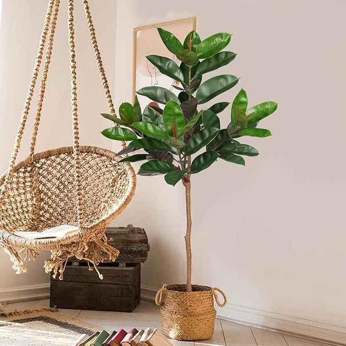 5FT Tall Fake Tree Plant for Home Decor, Artificial Rubber Tree Indoor Floor Plant, Large Faux Ficus Tree Potted Fake Tropical Plants Decorative for Office Store Room Corner Decor