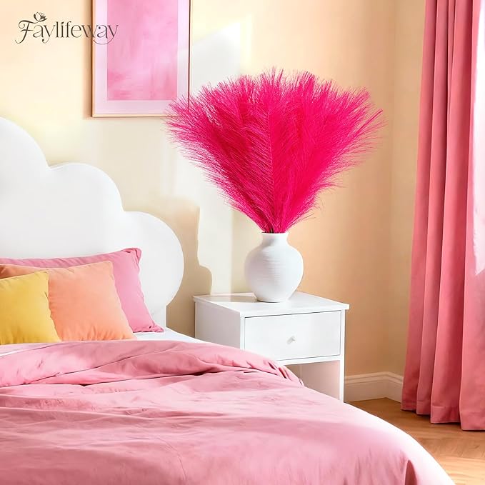 50 PCS Hot Pink Pampas Grass, 17in Pampas Grass Decor, Artificial Pompas Wall Decor for Vase Room Bedroom Kitchen Table Wedding Party Birthday Baby Showers（Hot Pink）
