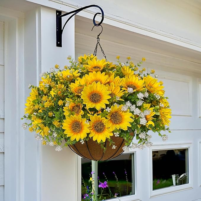 Artificial Sunflowers Faux Flowers Plants for Spring Outdoor UV Resistant, Fake Silk Realistic Yellow Sun Flowers for Easter Outside Porch Planters Patio Home Decoration, 8 Bundles