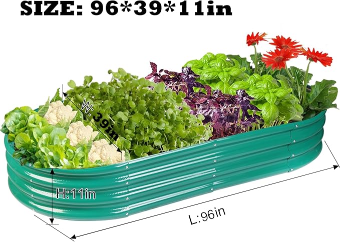 Rakukiri Raised Garden Bed GRS Certified Galvanized Planter Box Outdoor, 8ft Oval Rot-Resistant Metal Garden Bed Planter, Recycled Material Planter for Vegetables Flowers Herbs (Green)