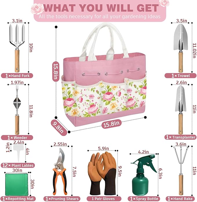 22PCS Garden Tools Set for Women,Heavy Duty Hand Tool Kit Included Handy Tote Bag/Trowel/Repotting Mat/Rake/Pruner/Gloves/Plant Tags,Garden Supplies Gardening Gifts for Beginner Mom-Pink