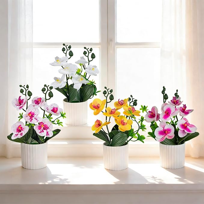4Pcs Fake Orchids Artificial Flowers Washable Phalaenopsis Orchids Flowers in Pot for Home Wedding Table Centerpiece Bathroom Office Decoration (White & Purple & Yellow)