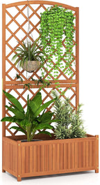Giantex Solid Acacia Wood Planter Box with Trellis, 63" Raised Garden Bed with Trellis, Plant Box, Slat Base, Outdoor Privacy Planter for Vine Climbing Plants Flowers, Garden, Patio, Balcony