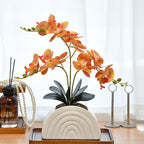 Fake Orchid Plant in White Rainbow Pot, Artificial Silk Phalaenopsis Orchid Flowers for Home Décor, Table Centerpiece, Office Desk (Orange)