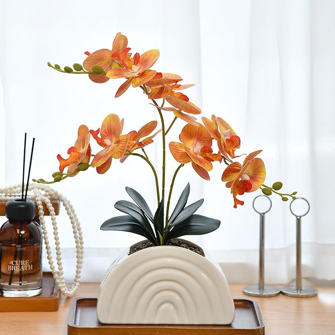Fake Orchid Plant in White Rainbow Pot, Artificial Silk Phalaenopsis Orchid Flowers for Home Décor, Table Centerpiece, Office Desk (Orange)
