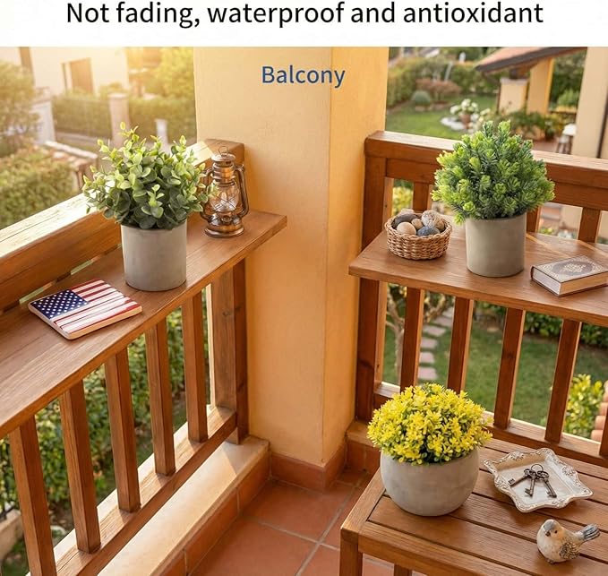 5 Pack Fake Plants, Artificial Eucalyptus & Greenery in Cement Pots - Small Potted Faux Plants for Indoor Outdoor Shelves, Desk, Table, Farmhouse Bathroom, Office & Modern Home Decor