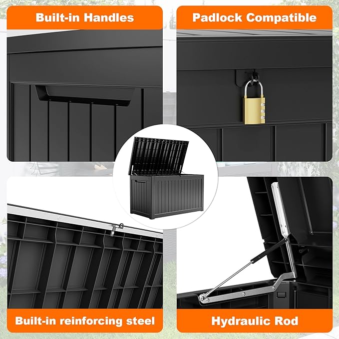 PatioZen 280 Gallon Resin Deck Box, Lockable Weatherproof Outdoor Storage Box for Furniture, Garden Tools and Tools Storage, Waterproof Outside Storage Boxes - Black