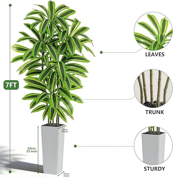 Artificial Yellow Dracaena Tree - 7FT Tall Fake Plants with White Tall Planter - Artificial Plants Indoor Floor Plant in Pot - Large Tropical Fake Yucca Potted Tree for Home Office Living Room Decor
