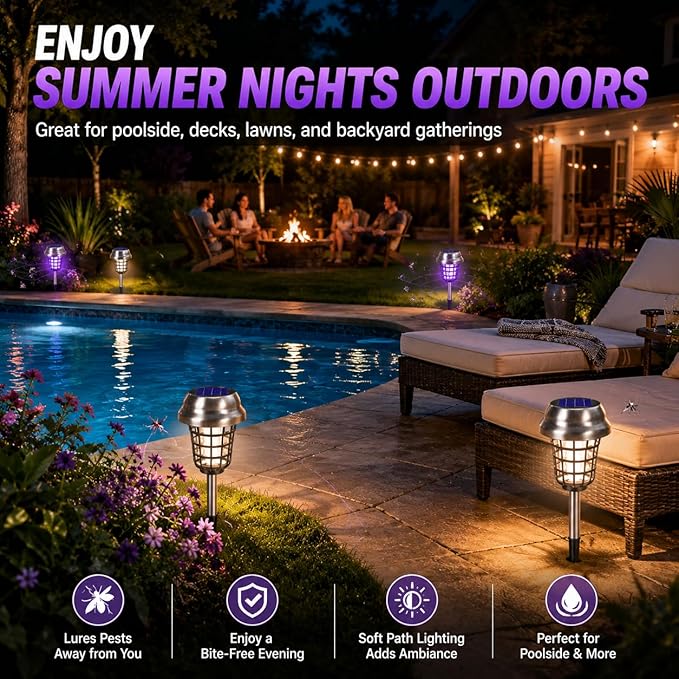 2026 4Pack Mosquito Repellent Outdoor Patio Solar Bug Zapper Outdoor Mosquito Zapper for Moths,Gnats,Flies,Small Flying Insect,Electric Fly Zapper for Backyard,Garden,Gnat Killer for Vegetable Beds